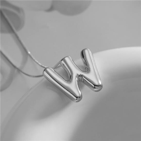 Silver Initial Pendant Necklace – Personalized Letter “W” Trendy Stuffed Bubble - Picture 2 of 5